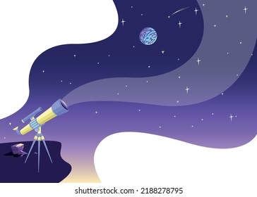Telescope in the night sky in cartoon style. Space exploration. Vector illustration on the background of the starry sky.