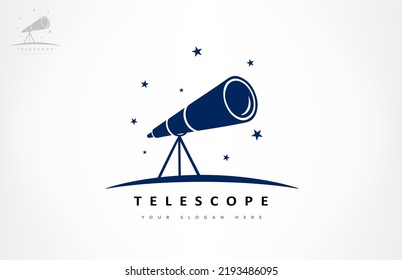 Telescope, night sky and stars logo vector. Astronomy design.