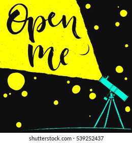 Telescope observation yellow black open me art brush calligraphy text.