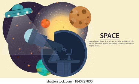 the telescope in the Observatory, watching the planets in space, and UFO, flat vector illustration for design design