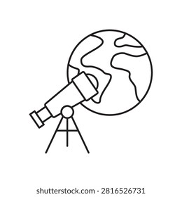 Telescope observing earth globe line icon for astronomy, geography tools, and science observation.