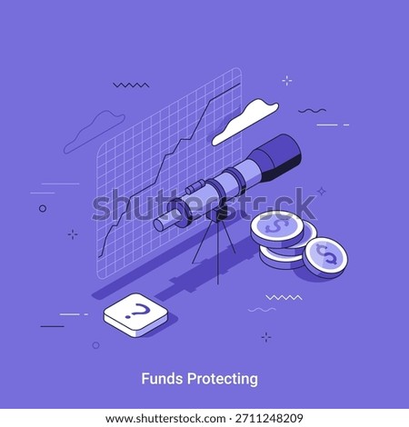 Telescope observing financial graph with rising trend and dollar coins. Funds protecting and investment analysis concept. Linear Isometric 3d vector illustration.