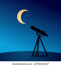 Telescope Observing Ramadan and Eid Moon, Starry Night Sky, Astronomy, Vector Illustration