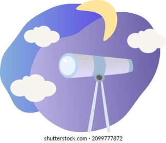 telescope on abstract background with moon and clouds, scientific knowledge theme, purple vector flat illustration
