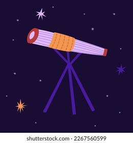 Telescopio sobre el fondo de la ilustración del vector del cielo estrellado en estilo plano. Astronomía y educación. Día Internacional del Vuelo Espacial Humano y Día de la Cosmonáutica. Ideal para pegatinas, postales