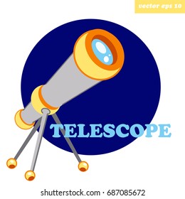 Telescope on the dark rounded background. Cartoon style vector illustration. Element for children book, print, decoration of educational manual, sticker, game.