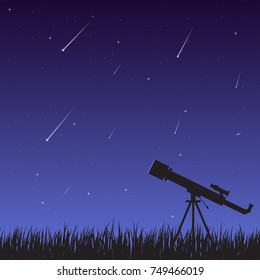 A telescope on the grass against a background of a night sky with a starfall. Astronomical observations of the universe, galaxy and celestial bodies.