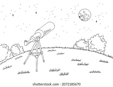 Telescope on the hill night landscape graphic black white sketch illustration vector