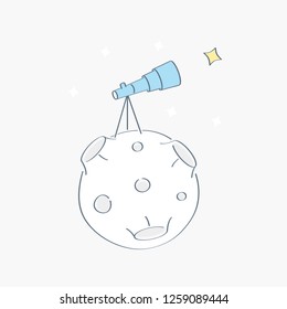 Telescope on the moon, searching  at the sky, science concept, space vector illustration. 