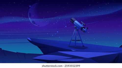 Telescope on mountain under starry night sky. Vector cartoon illustration of astronomy binocular for space exploration, stargazing hobby, observatory equipment, cosmos discovery, science and education