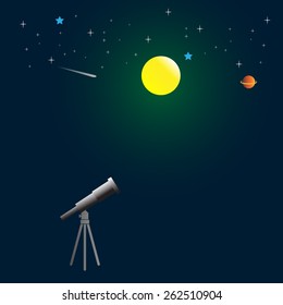 telescope on night sky background with moon, comets, and stars vector 