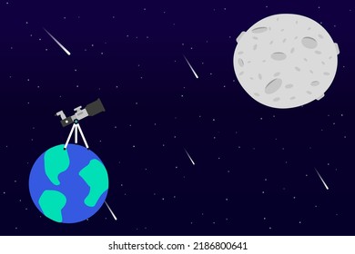 The telescope is on the planet earth in the direction of the moon. Big planets in the starry sky. Falling comets. Vector illustration. EPS 10