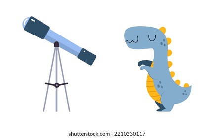 Telescopio sobre animales de trípode y dinosaurio como colorido conjunto de vectores de juguetes para niños