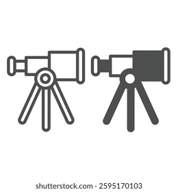 Telescope on tripod line and solid icon, cosmos concept. Vector graphics. Space sky exploration spyglass stand sign on white background, outline style icon for mobile or web design