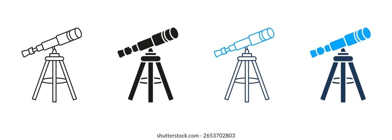 Telescópio Na Linha Do Tripé E Conjunto De Ícones Sólidos. Astronomia Exploração E Stargazing Coleção De Símbolos De Equipamento. Observação Celeste E Ferramentas De Estudo Espacial. Ilustração de vetor isolada.