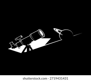 Telescópio no tripé observando planeta com anel no espaço