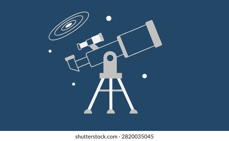 Telescope on a tripod points toward a spiral galaxy in the dark blue night sky surrounded by stars.