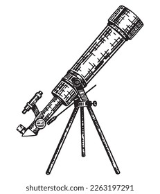 Teleskop auf Stativskizze. Astronomische Ausrüstung, wissenschaftliche Instrumente Umrisskunst Clip Art. Handgezeichnete Vektorgrafik einzeln auf Weiß.