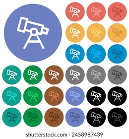 Telescope outline multi colored flat icons on round backgrounds. Included white, light and dark icon variations for hover and active status effects, and bonus shades.