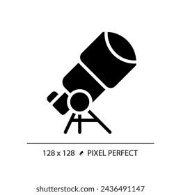 Telescope pixel perfect black glyph icon. Star gazing. Space discovery. Planetary science. Astronomy education. Silhouette symbol on white space. Solid pictogram. Vector isolated illustration