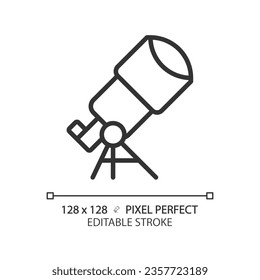Telescope pixel perfect linear icon. Star gazing. Space discovery. Planetary science. Astronomy education. Thin line illustration. Contour symbol. Vector outline drawing. Editable stroke