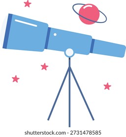 Un telescopio apuntó a un cielo estrellado, con un planeta colorido entre las estrellas.