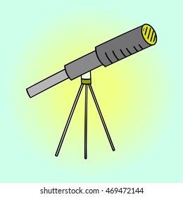 Telescope pop art vector illustration. Beautiful style comic. Hand-drawn. Device with which you can observe distant objects by collecting electromagnetic radiation