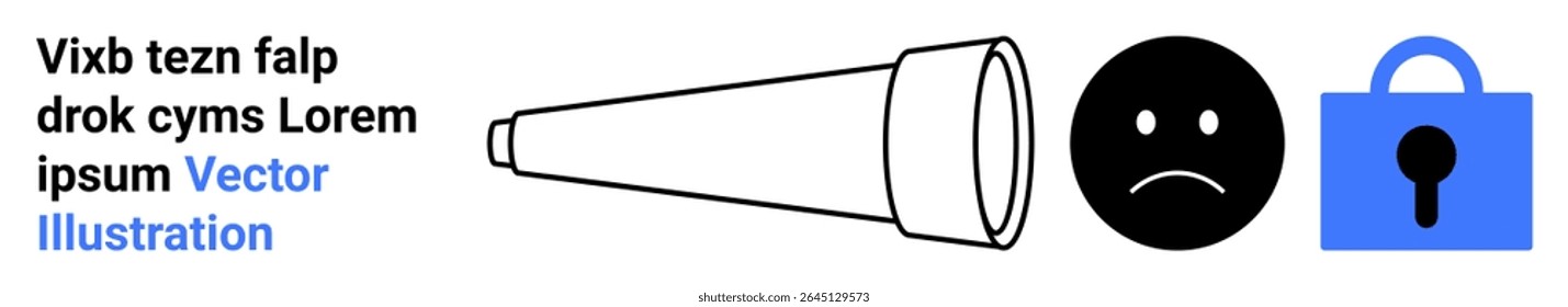 Telescope, sad face, and blue padlock representing privacy, security, and observation. Ideal for data privacy, security awareness, emotional states, online protection, restricted access, surveillance