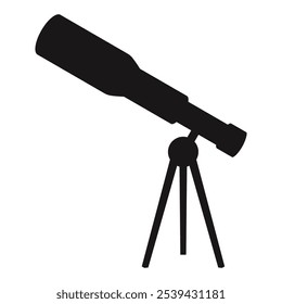 Un telescopio para las escuelas. Un dispositivo para la astronomía, la observación de estrellas y la observación de la luna creciente. Ilustración vectorial del diseño de la silueta, aislada en un fondo blanco