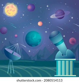 Telescope for science discovery concept. Device for looking at stars, planets, meteorites and satellites. Exploring night sky or outer space with help of equipment. Cartoon flat vector illustration