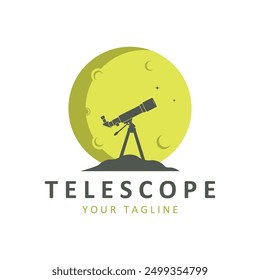 telescope science planet moon stars night watch experiment logo illustration design. Simple telescope isolated on background.