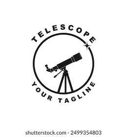 telescope science planet moon stars night watch experiment logo illustration design. Simple telescope isolated on background.
