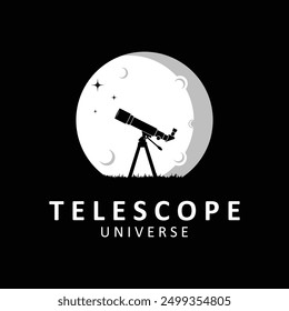 telescope science planet moon stars night watch experiment logo illustration design. Simple telescope isolated on background.