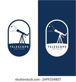 telescope science planet moon stars night watch experiment logo illustration design. Simple telescope isolated on background.