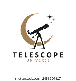 telescope science planet moon stars night watch experiment logo illustration design. Simple telescope isolated on background.