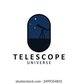 telescope science planet moon stars night watch experiment logo illustration design. Simple telescope isolated on background.