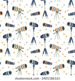 Telescope seamless pattern in flat cartoon style for kids education at school, stickers, scrapbooking, nursery room