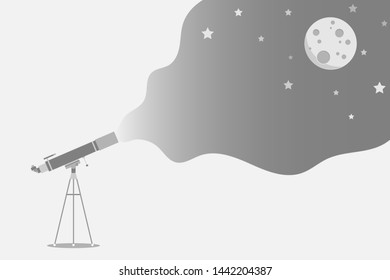 Telescope in search of planet. Observing moon witk Milky Way and stars. Looking into universe. Isolated illustration.
