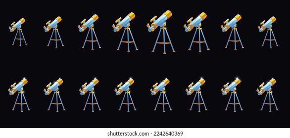El telescopio establece tamaños diferentes y con animación brillante. Concepto de ciencia astronómica, aprendizaje, descubrimiento con vidrio espía para explorar estrellas y planetas en el cielo nocturno, ilustración de dibujos vectoriales