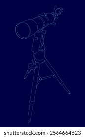 Telescope is shown in a blue background. The telescope is on a tripod and is pointing to the sky