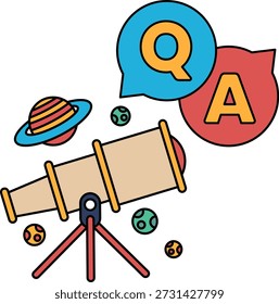 A telescope is shown with a question mark and an A above it. The telescope is surrounded by a bunch of balls and a planet. The image is meant to convey curiosity and wonder about the universe