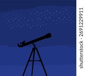 A telescope silhouette at night under a starry sky, depicting solar system exploration and astronomical science, flat art design style.

