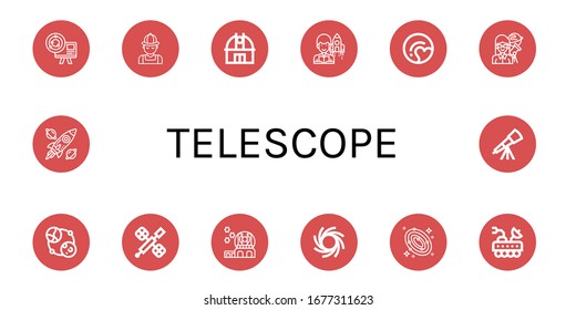 telescope simple icons set. Contains such icons as Astronomy, Hunter, Observatory, Astronomer, Pluto, Space station, Black hole, Galaxy, Moon rover, can be used for web, mobile and logo