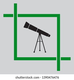 Telescope simple sign. Black icon inside green crop tool at light gray background