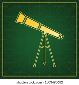 Telescope simple sign. Golden icon with gold contour at dark green gridded  background. Illustration.