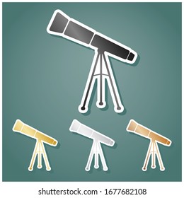 Telescope simple sign. Set of metallic Icons with gray, gold, silver and bronze gradient with white contour and shadow at viridan background. Illustration.