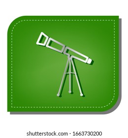 Telescope simple sign. Silver gradient line icon with dark green shadow at ecological patched green leaf. Illustration.