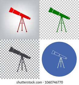 Telescope simple sign. Vector. 4 styles. Red gradient in radial lighted background, green flat and gray scribble icons on transparent and linear one in blue circle.