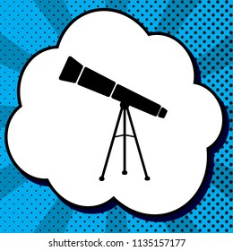 Telescope simple sign. Vector. Black icon in bubble on blue pop-art background with rays.