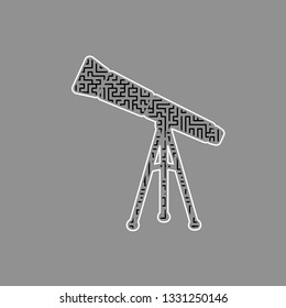 Telescope simple sign. Vector. Black maze filled icon with white border at gray background.